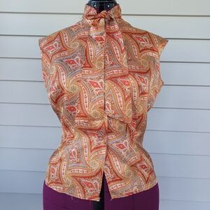 Vintage 50s Gold Orange Print Silky Size M Sleeveless Tie Neck Secretary Blouse
